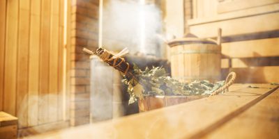 Interior of Finnish sauna, classic wooden sauna, Relax in hot sauna